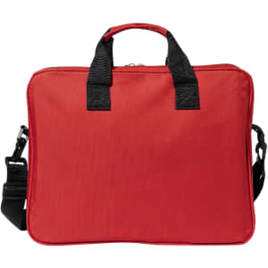 A red document bag with black straps and a zip closure, featuring a detachable shoulder strap.