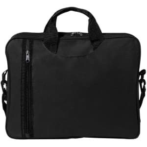 A black document bag featuring a zippered pocket and dual handles for easy carrying. It includes a logo on the front.