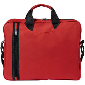 A red document bag with black straps, featuring a main compartment and a zipped pocket on the side.