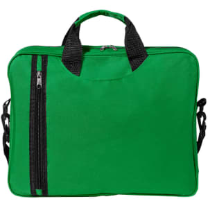 A green document bag with black zippers and handles, featuring a detachable shoulder strap.