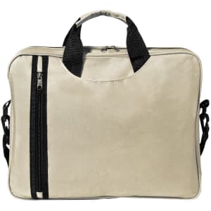 A beige document bag with black handles and a zippered pocket on the front. It features a simple design and has a logo.
