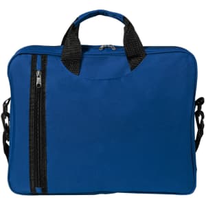 A blue document bag featuring a zippered compartment and dual handles for carrying ease. It has a logo on the front.