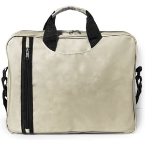 A beige document bag with black handles and zippers, featuring a sleek, minimalist design.