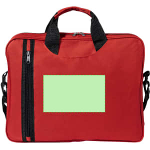 A red document bag features black handles and zippers, with a blank green section for customisation.