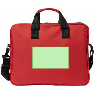 A red document bag featuring black handles and a shoulder strap, with a blank green label on the front.