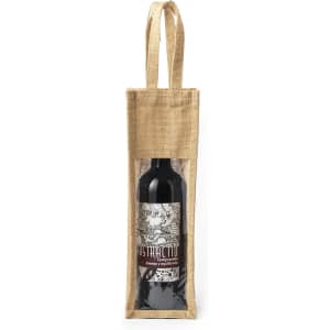 A hessian bottle bag with a clear front, featuring a wine bottle inside. The bag has two handles for easy carrying.