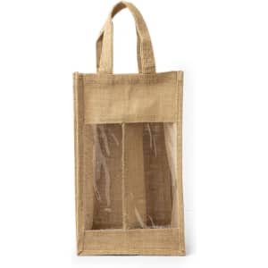 A natural hessian bag with a clear front window and two compartments, featuring two handles for easy carrying.