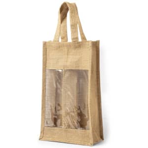 A natural jute bag with two transparent pockets, featuring sturdy handles for easy carrying.