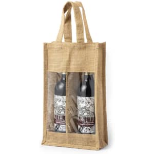 A hessian bag holding two wine bottles, featuring transparent panels and two handles. The bag has a natural brown colour.