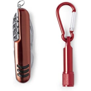 A red tool set featuring a multi-tool with a corkscrew and a red keychain flashlight. Both items have a compact design.