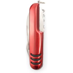 A red multi-tool with various functions and a keyring attachment, featuring a sleek metallic design.