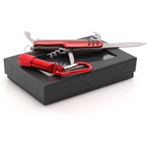A red multi-tool with a knife, corkscrew, and a red flashlight attached, presented in a black box.