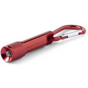 A red LED flashlight with a carabiner clip, featuring a textured grip and compact design.