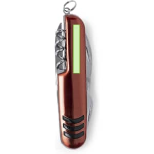 A multi-tool in metallic red with silver accents, featuring various tools and a keyring attachment.