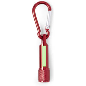 A red tool set with a carabiner clip, featuring a sleek design and a removable cap.