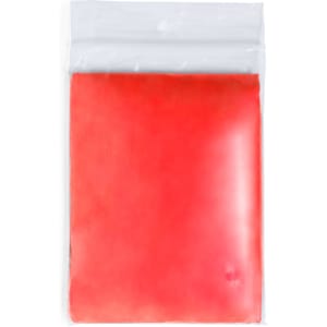 A red Remo Raincoat in a clear packaging, featuring a logo. Designed as a poncho-style jacket.