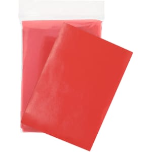 A bright red poncho packaged in a clear bag, featuring a glossy finish.