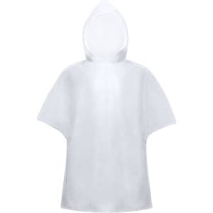 A transparent poncho raincoat with a hood and short sleeves, featuring a logo.