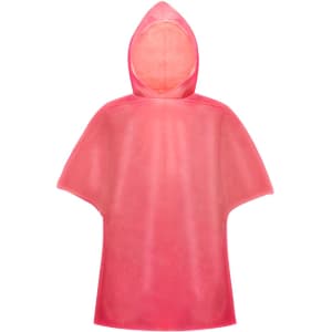 A pink poncho with a hood, made of waterproof material, featuring a simple design and a branding logo.