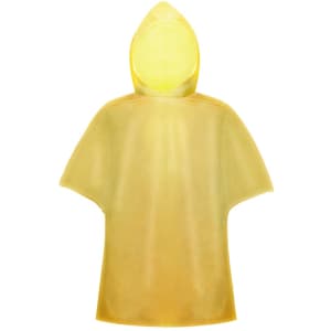 A yellow poncho with a hood, featuring a simple design and a logo. Ideal for rain protection.