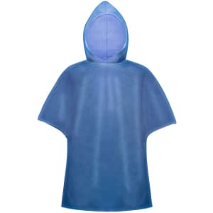 A blue poncho raincoat with a hood, featuring a loose, lightweight design. It has a logo on it.