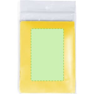 A yellow poncho packaged in a transparent bag, featuring a blank green area for branding or customisation.