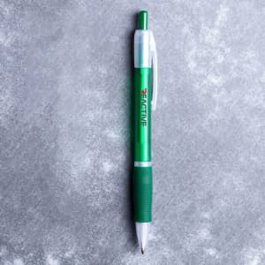 A plastic pen in green and white with a rubber grip and a logo on the barrel.