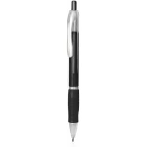 A black plastic pen with a clear barrel and a textured grip, featuring a clip and a pointed tip.