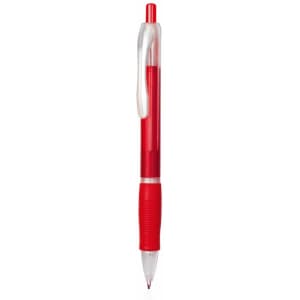 A red plastic pen with a clear body and a textured grip, featuring a clip and a logo.