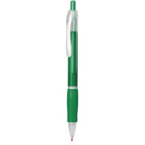 A green plastic pen featuring a clear casing and textured grip, with a logo on its body.