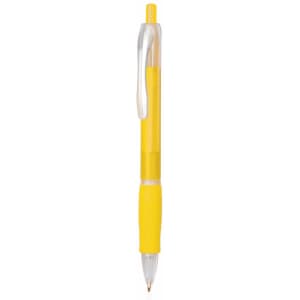 A yellow plastic pen with a clear barrel and a yellow grip. It features a clip and a logo.