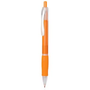 An orange plastic pen with a transparent barrel and a grip section. It features a clip and a ballpoint tip.