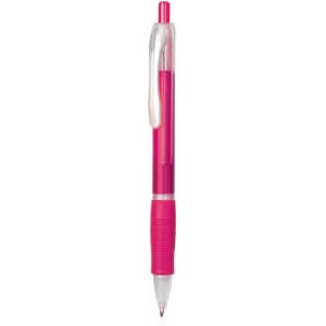 A pink plastic pen with a transparent barrel and grip, featuring a clip at the top.