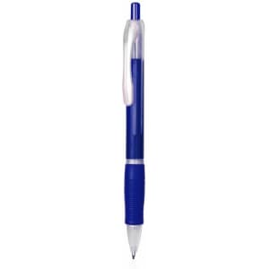 A blue plastic pen with a grip and a clear clip. The pen features a logo on its body.