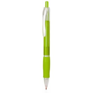 A plastic pen featuring a vibrant green colour with a clear top and grip, and a click mechanism at the end.