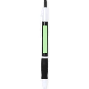 A plastic pen featuring a black and white design with a green section, equipped with a clip and grip.