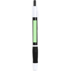 A plastic pen in white and black with a green blank space for custom branding. It features a glossy finish and grip.