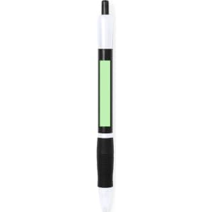 A plastic pen featuring a black and white design with a green highlight area for customisation.