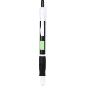 A plastic pen in black and white with a green section and a ribbed grip. The pen features a clip and a logo.