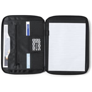 A black index folder with a zippered pocket, card slots, and lined paper for notes.