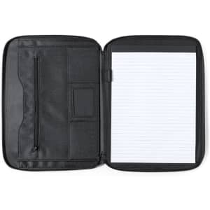 A black Index Folder with a zip pocket and lined notepad inside. Features a panel for a name tag.