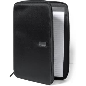 A black index folder with a zip closure, featuring blank lined notepaper inside. It has a sleek design and branding.