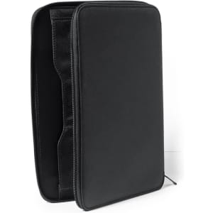 A black Index Folder with a zip closure and multiple compartments for organisation. It features a logo.