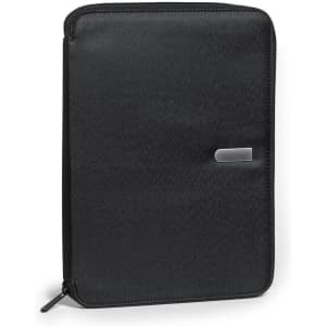 A black index folder with a zip closure and a metallic detail, designed for organisational use in office settings.