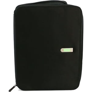 A black index folder with a silver accent and a zip closure. It features a branding logo.