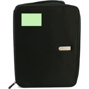 A black index folder with a silver clasp and an area for a label or note. Features a zipper closure.
