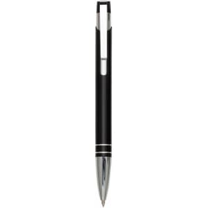 A metal pen in black with silver accents and a sleek design. Features a logo on the body.