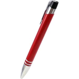 A red metal pen with a silver tip and black accents, featuring a logo on its body.