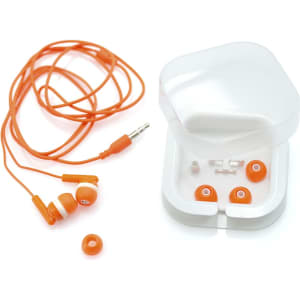 Orange Cort Earphones with a clear case and three additional earbud sizes.