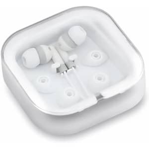 A pair of white Cort earphones in a transparent case, with additional ear tip sizes included.